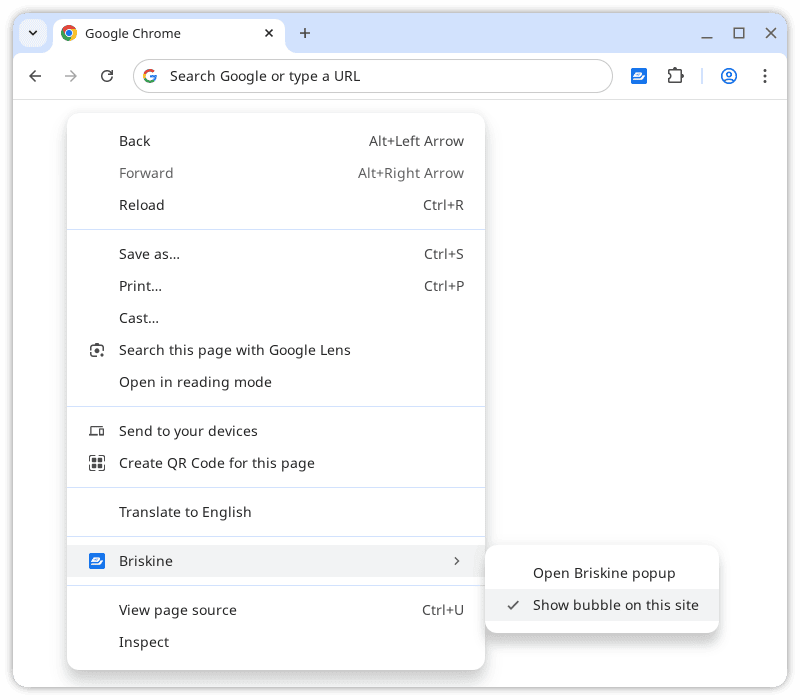 Enabling the Briskine Bubble for the current site, from the context menu.